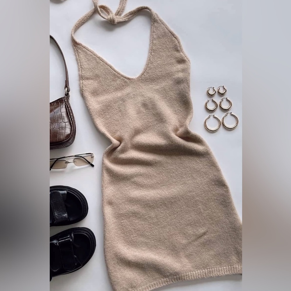 Princess Polly Knit Sweater Beige Halter Tie Minidress Size Small / Medium EUC
